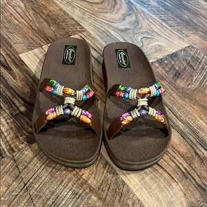 Brown Beaded Sandals with Bohemian Flair